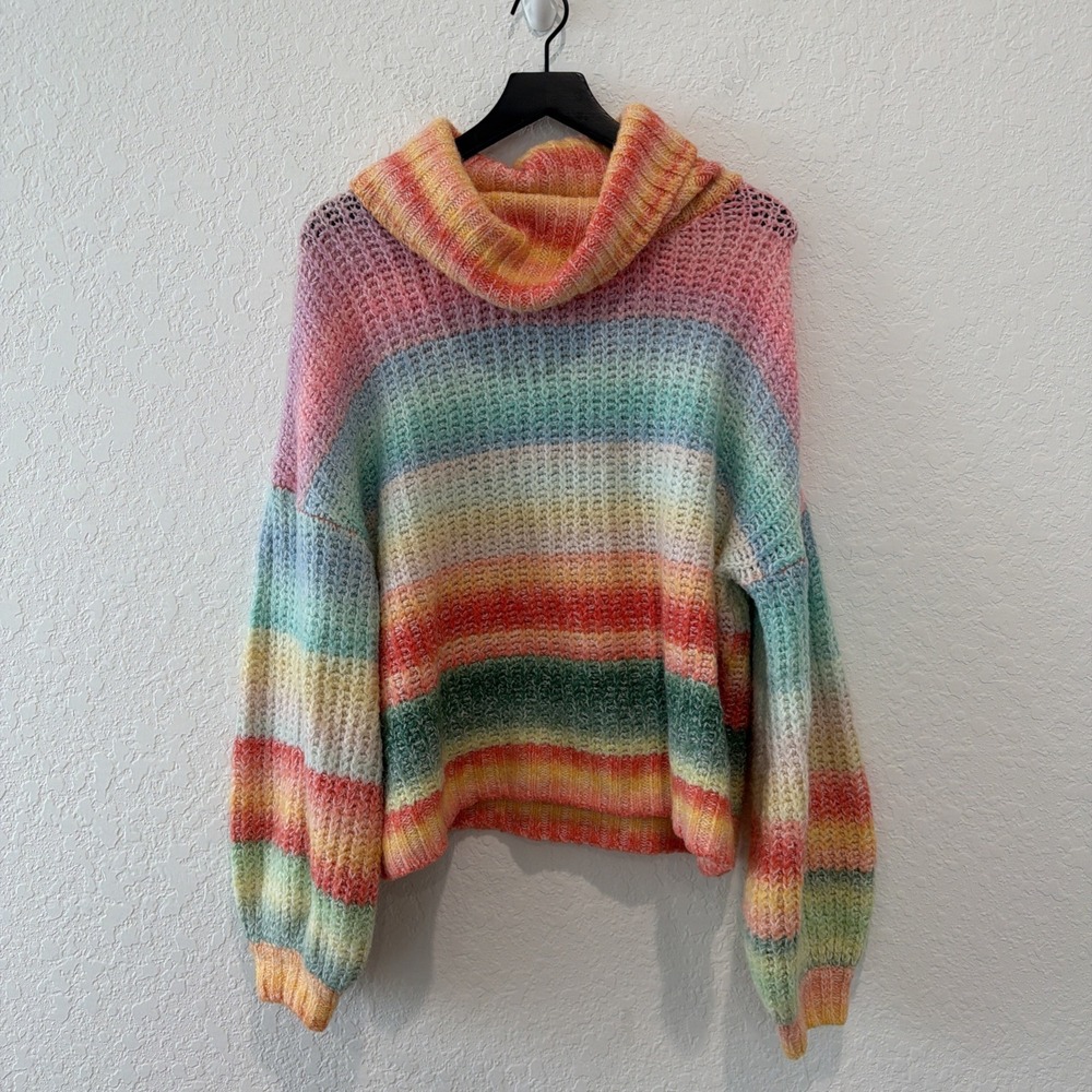 Loveriche Balloon Sleeve Pastel Chunky Knit Cowl Neck Wool Blend Sweater Large